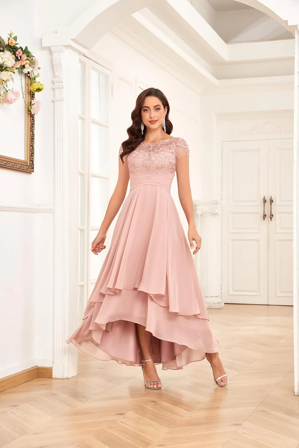 Lace Applique Mother of The Bride Dresses for Wedding Tea Length Chiffon A Line Formal Evening Gown