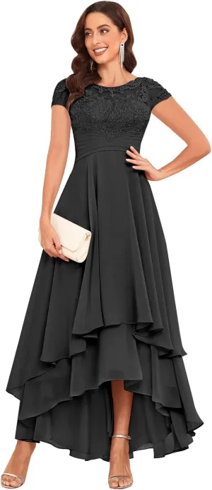 Lace Applique Mother of The Bride Dresses for Wedding Tea Length Chiffon A Line Formal Evening Gown