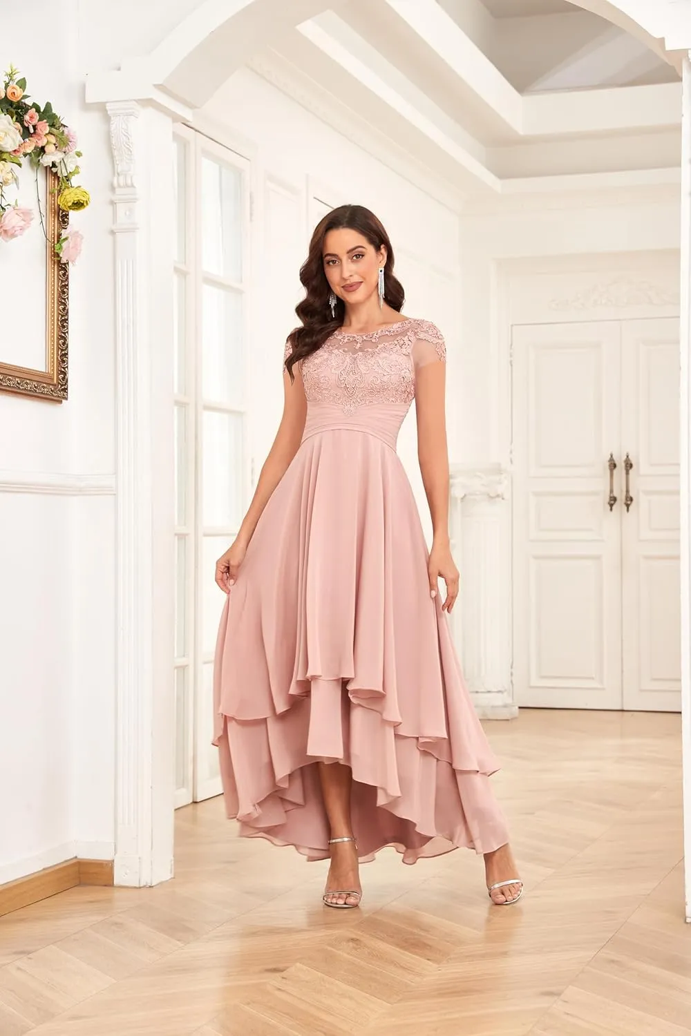 Lace Applique Mother of The Bride Dresses for Wedding Tea Length Chiffon A Line Formal Evening Gown