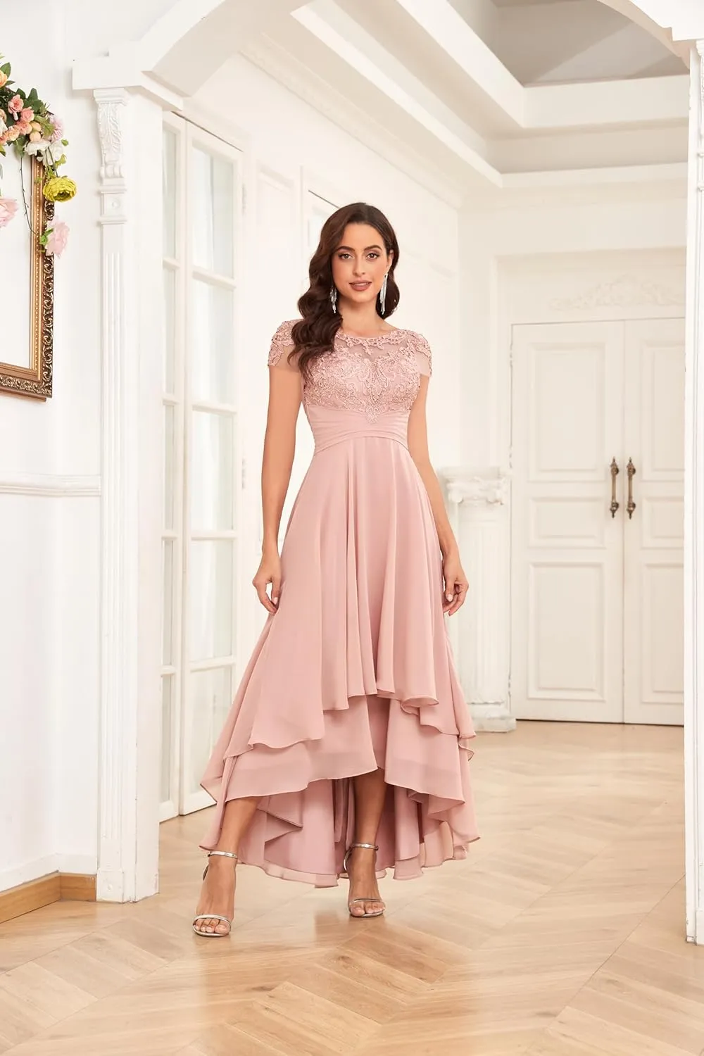 Lace Applique Mother of The Bride Dresses for Wedding Tea Length Chiffon A Line Formal Evening Gown
