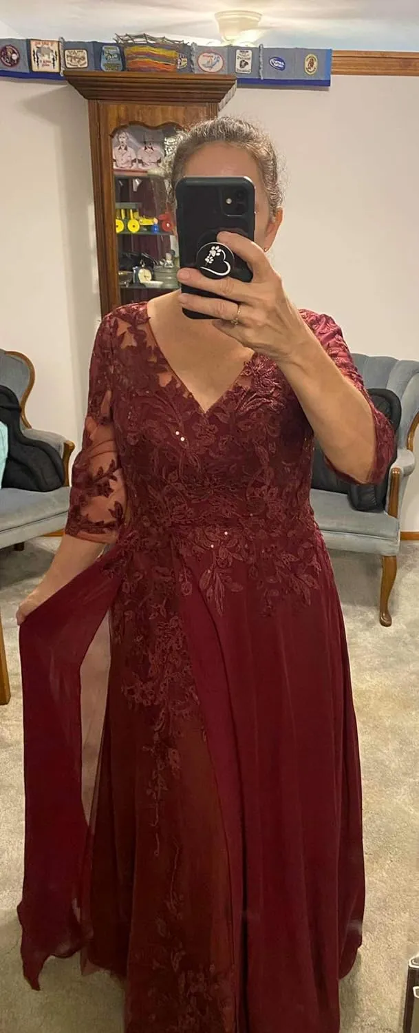 Lace Applique Mother of The Bride Dresses Plus Size Chiffon Evening Gowns for Women Formal with Sleeve
