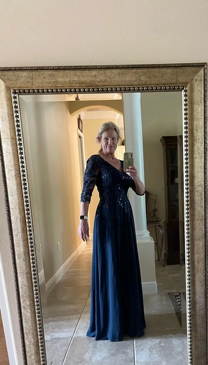 Lace Applique Mother of The Bride Dresses Plus Size Chiffon Evening Gowns for Women Formal with Sleeve