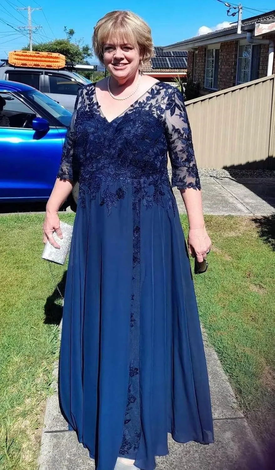 Lace Applique Mother of The Bride Dresses Plus Size Chiffon Evening Gowns for Women Formal with Sleeve