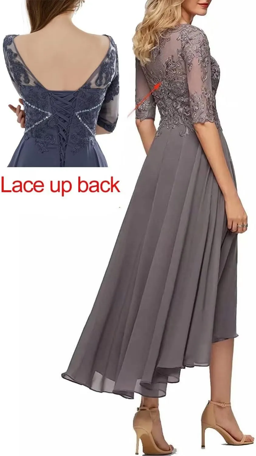 Lace Appliques Mother of The Bride Dresses for Wedding 3/4 Sleeves Tea Length Chiffon Formal Evening Party Gowns