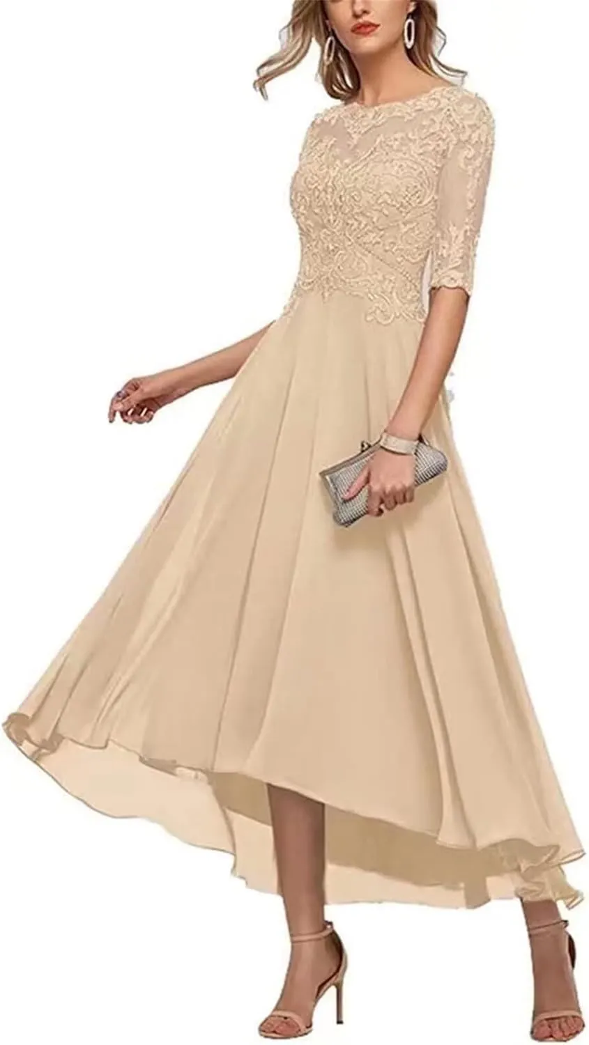 Lace Appliques Mother of The Bride Dresses for Wedding 3/4 Sleeves Tea Length Chiffon Formal Evening Party Gowns