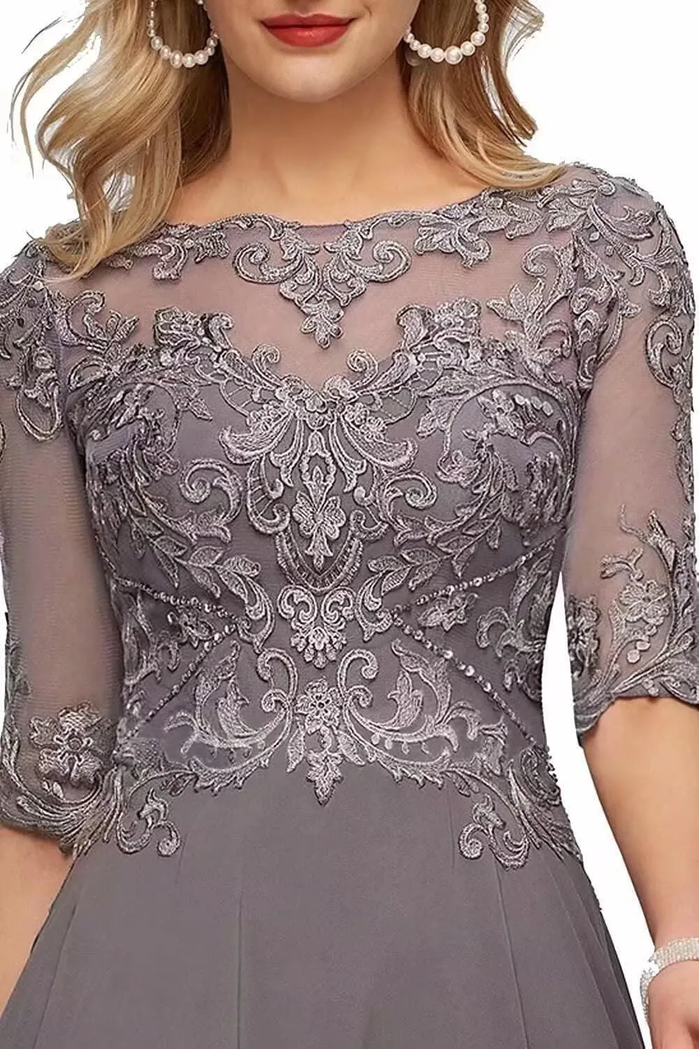 Lace Appliques Mother of The Bride Dresses for Wedding 3/4 Sleeves Tea Length Chiffon Formal Evening Party Gowns