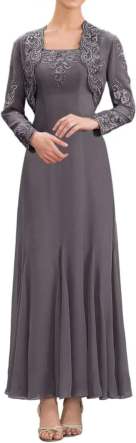 Lace Mother of The Bride Dresses with Jacket Long Sleeve Chiffon Ruffle Wedding Guest Dresses for Women