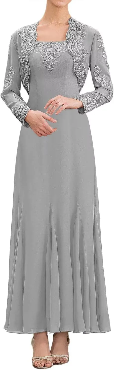 Lace Mother of The Bride Dresses with Jacket Long Sleeve Chiffon Ruffle Wedding Guest Dresses for Women