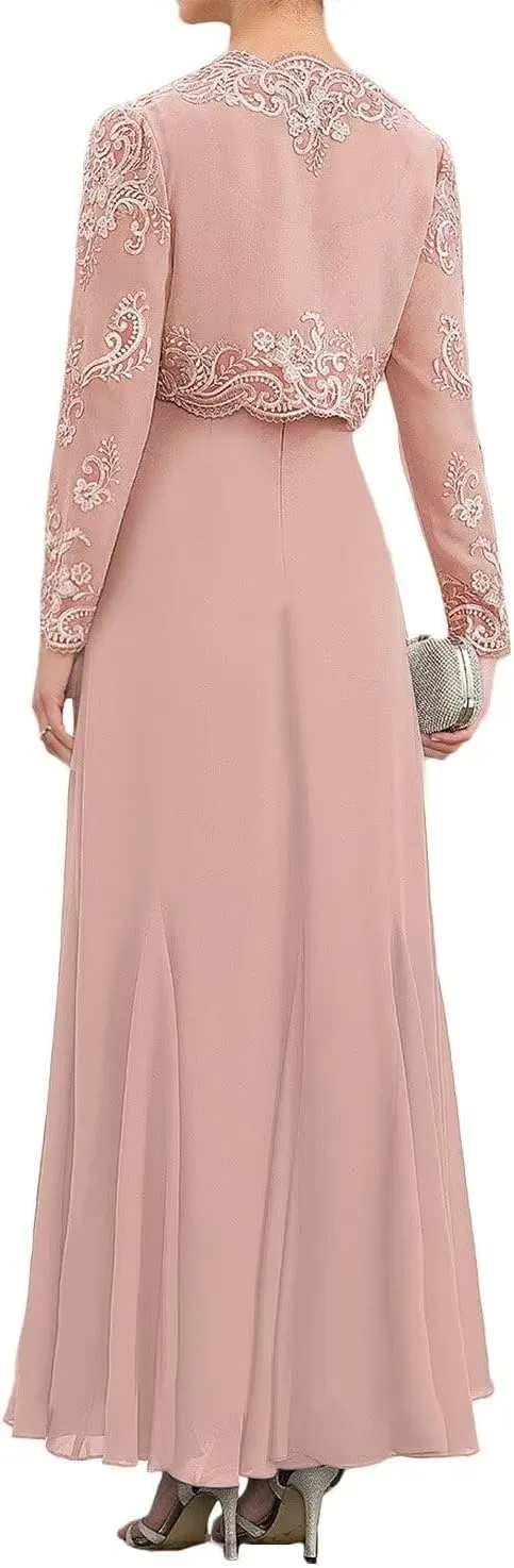 Lace Mother of The Bride Dresses with Jacket Long Sleeve Chiffon Ruffle Wedding Guest Dresses for Women
