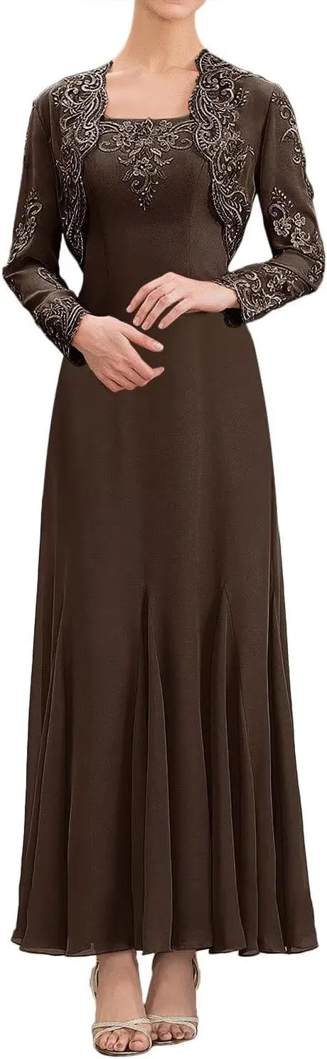 Lace Mother of The Bride Dresses with Jacket Long Sleeve Chiffon Ruffle Wedding Guest Dresses for Women
