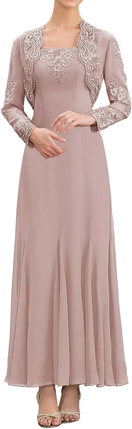 Lace Mother of The Bride Dresses with Jacket Long Sleeve Chiffon Ruffle Wedding Guest Dresses for Women