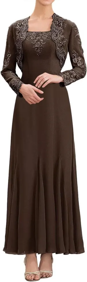 Lace Mother of The Bride Dresses with Jacket Long Sleeve Chiffon Ruffle Wedding Guest Dresses for Women