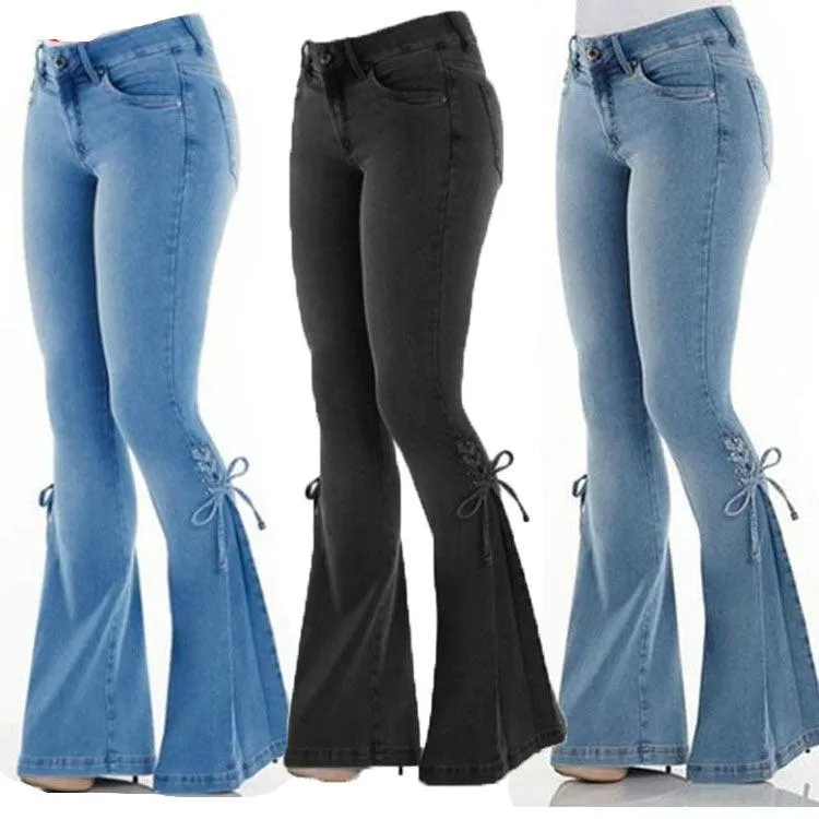 Ladies jeans mid-waisted denim trousers stretch jeans