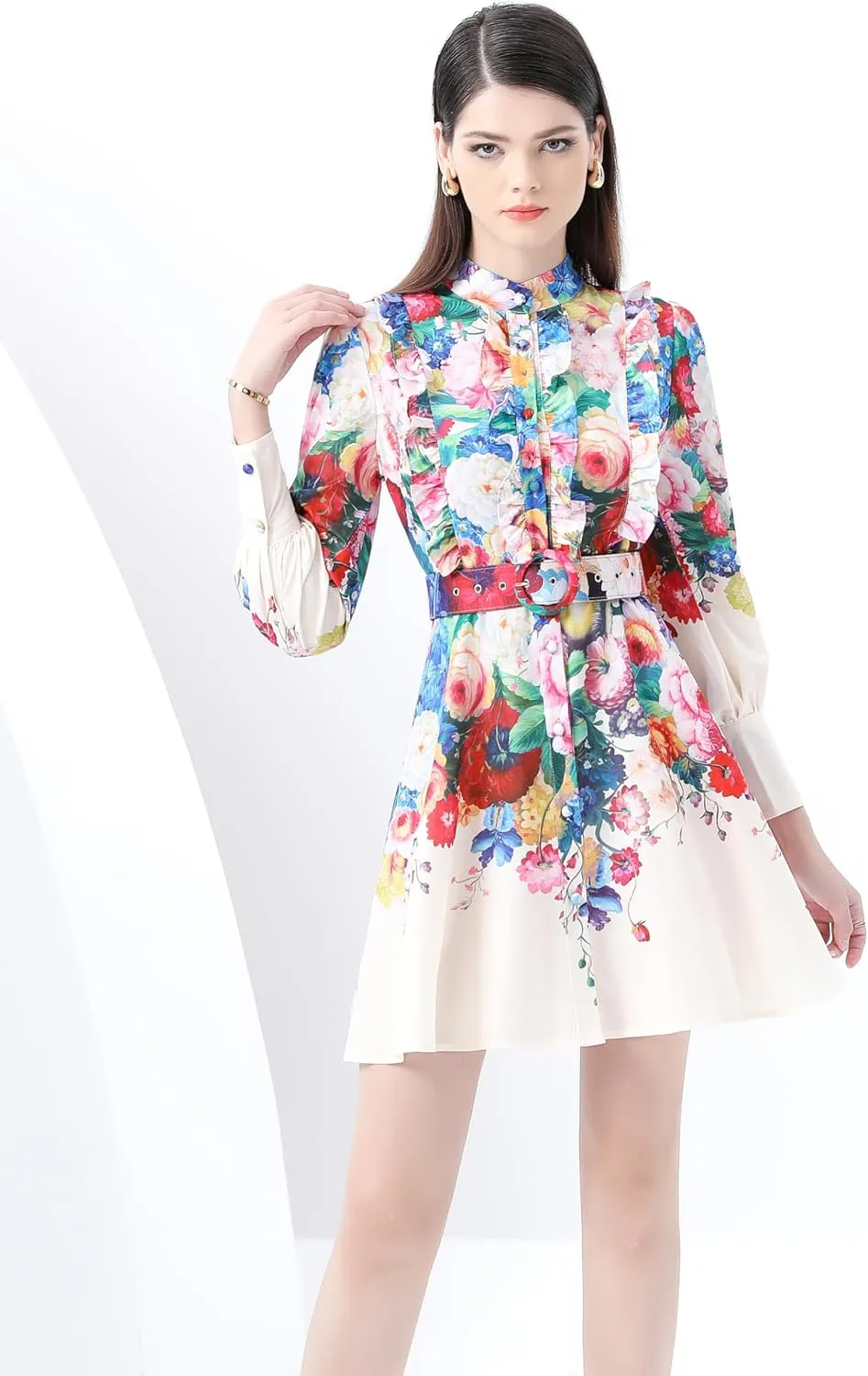 LAI MENG FIVE CATS Women's Floral Print Button up Lantern Sleeve Ruffle Dress Mini Dress