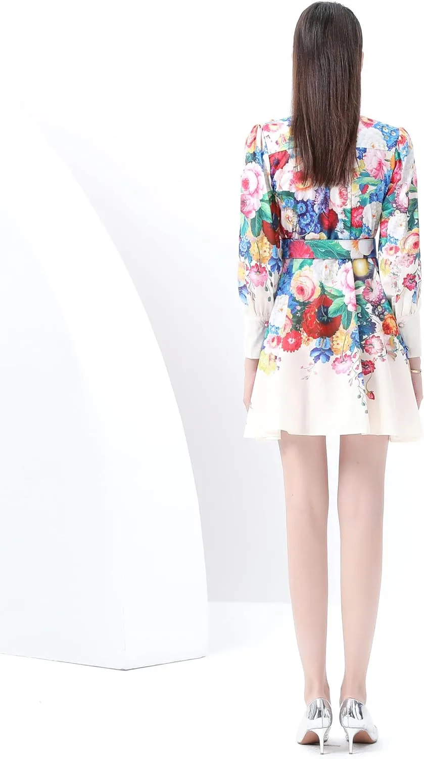LAI MENG FIVE CATS Women's Floral Print Button up Lantern Sleeve Ruffle Dress Mini Dress