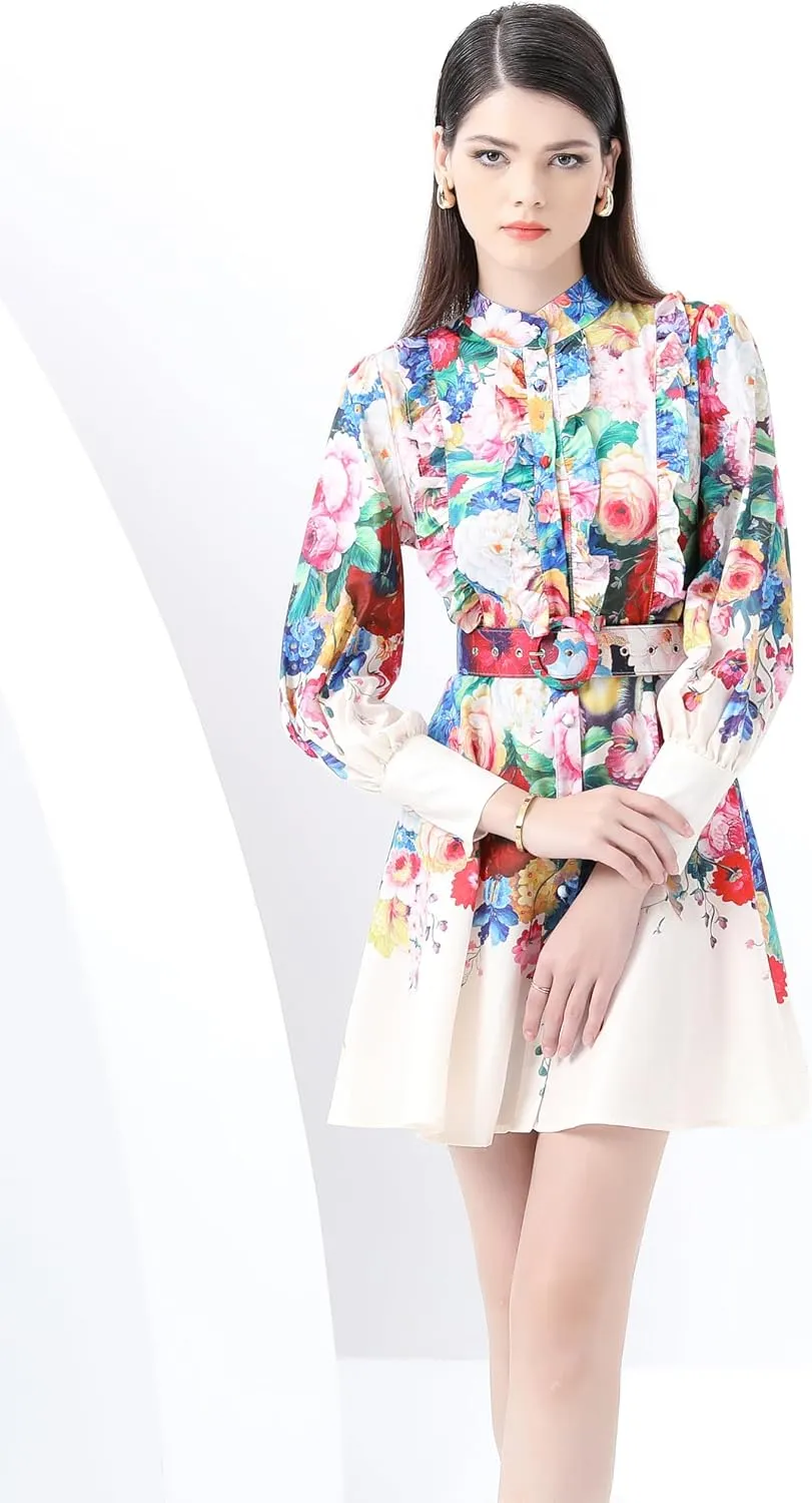 LAI MENG FIVE CATS Women's Floral Print Button up Lantern Sleeve Ruffle Dress Mini Dress