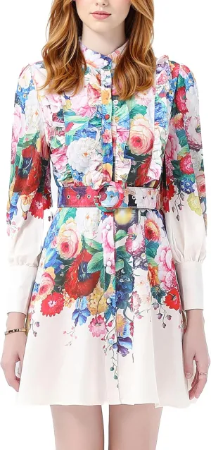 LAI MENG FIVE CATS Women's Floral Print Button up Lantern Sleeve Ruffle Dress Mini Dress