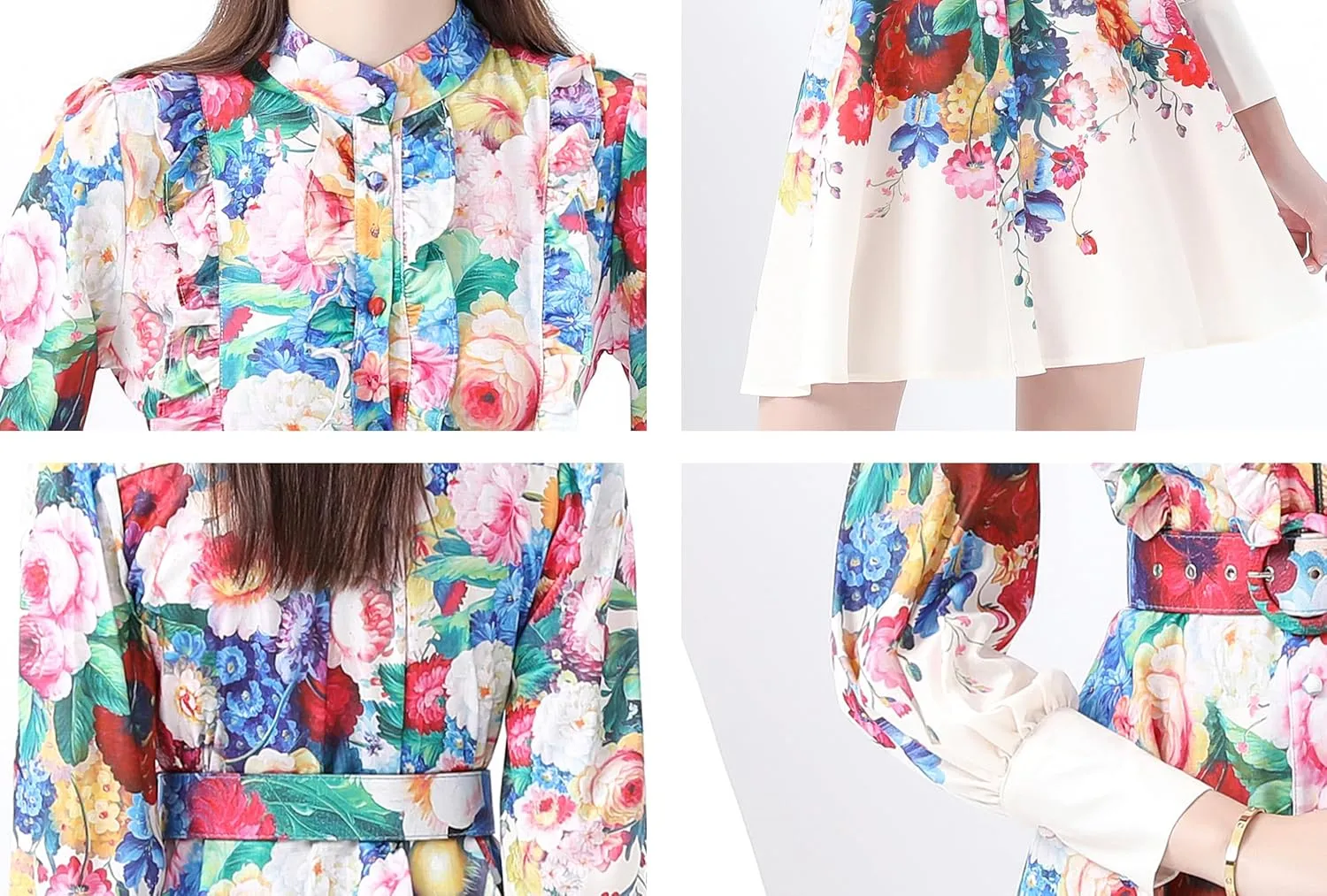 LAI MENG FIVE CATS Women's Floral Print Button up Lantern Sleeve Ruffle Dress Mini Dress