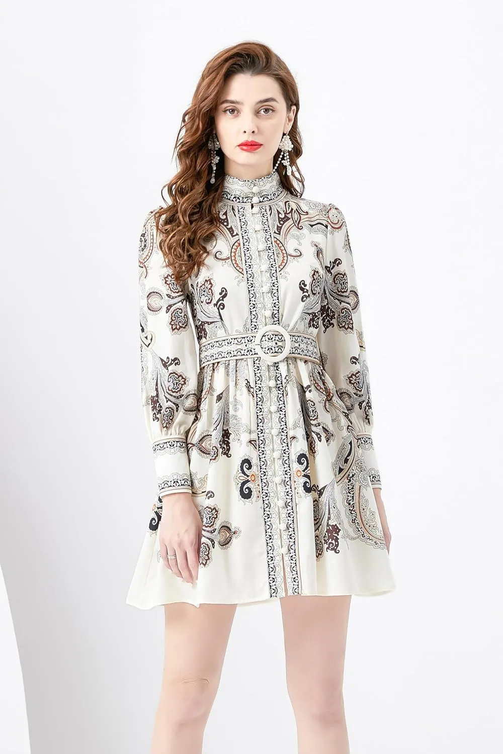 LAI MENG FIVE CATS Women's Floral Print Button up Shirt Dress Long Sleeve Casual Mini Dress