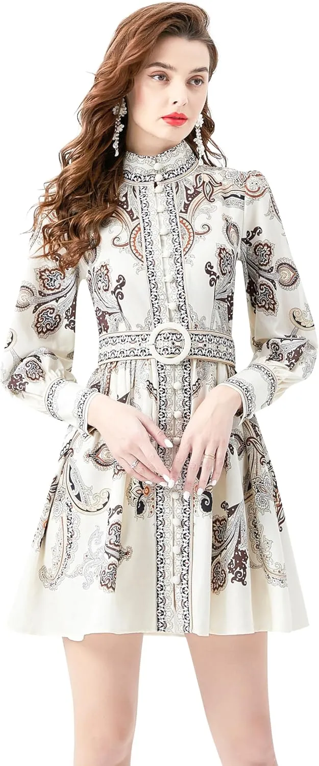 LAI MENG FIVE CATS Women's Floral Print Button up Shirt Dress Long Sleeve Casual Mini Dress