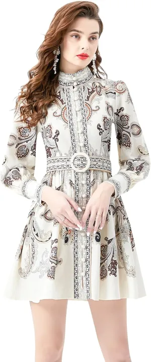 LAI MENG FIVE CATS Women's Floral Print Button up Shirt Dress Long Sleeve Casual Mini Dress