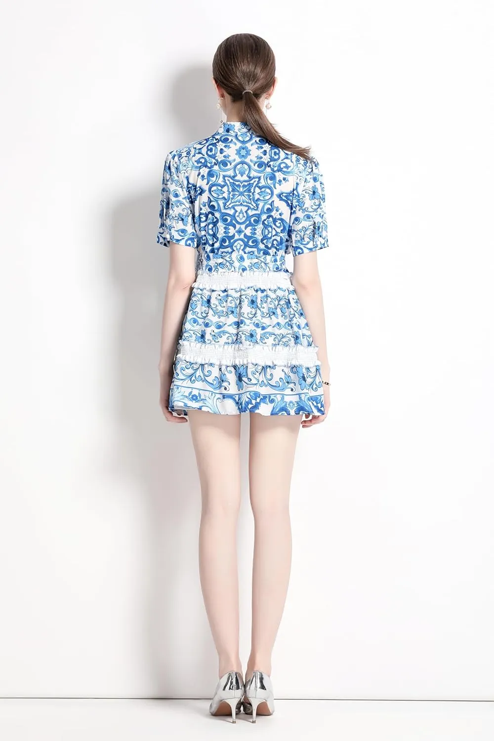 LAI MENG FIVE CATS Women's Summer Floral Print Ruffle Button Casual A-line Mini Dress with Belt