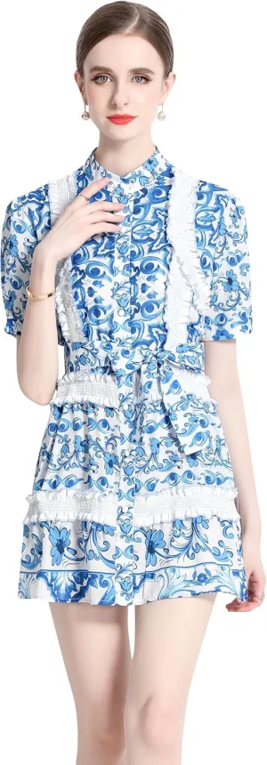 LAI MENG FIVE CATS Women's Summer Floral Print Ruffle Button Casual A-line Mini Dress with Belt
