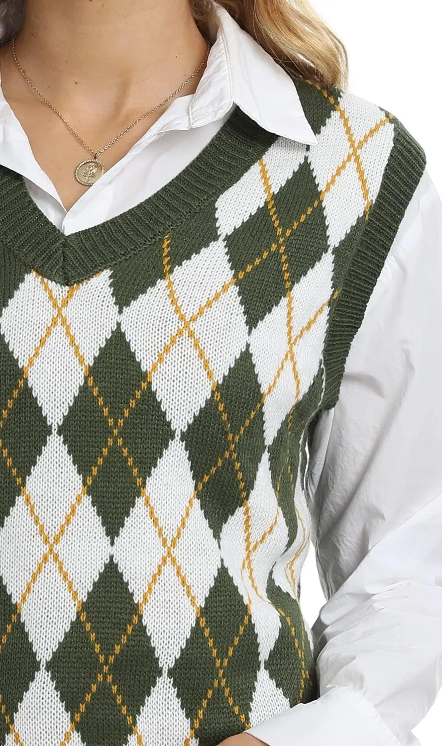 Lailezou Women's V Neck Knit Sweater Vest Argyle Plaid Preppy Style Sleeveless Crop Knitwear Tank