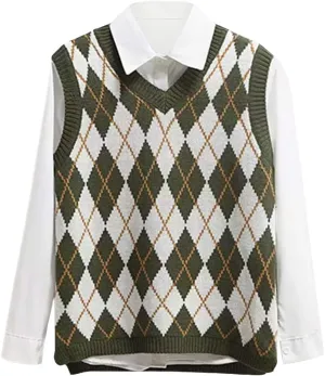 Lailezou Women's V Neck Knit Sweater Vest Argyle Plaid Preppy Style Sleeveless Crop Knitwear Tank