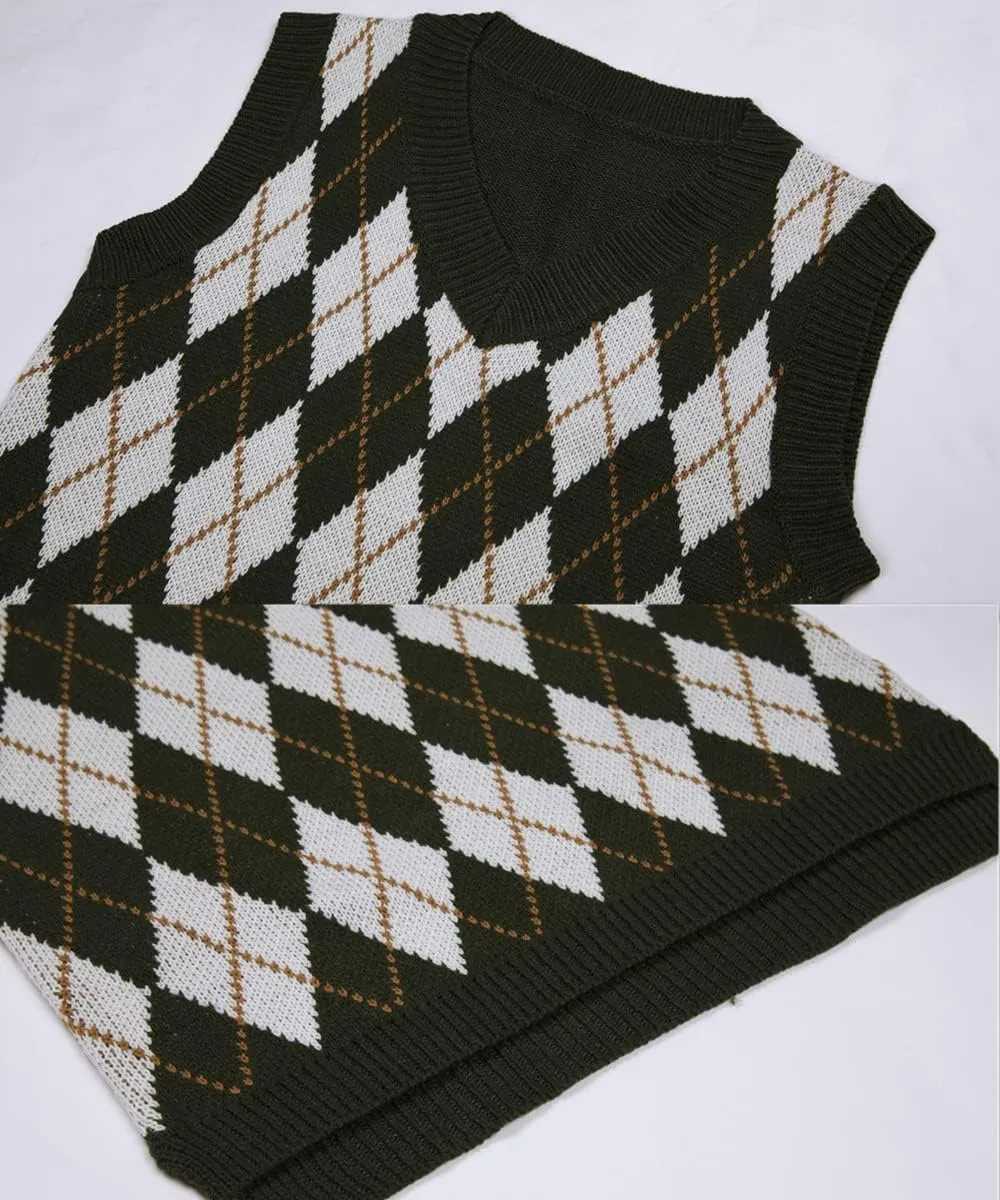 Lailezou Women's V Neck Knit Sweater Vest Argyle Plaid Preppy Style Sleeveless Crop Knitwear Tank