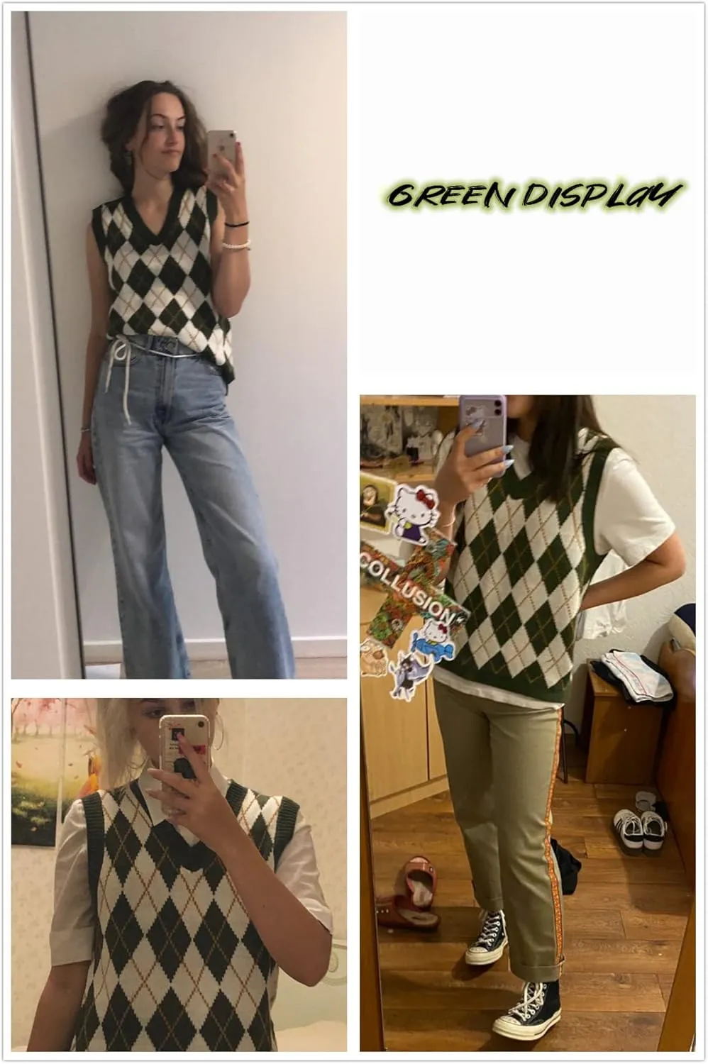 Lailezou Women's V Neck Knit Sweater Vest Argyle Plaid Preppy Style Sleeveless Crop Knitwear Tank