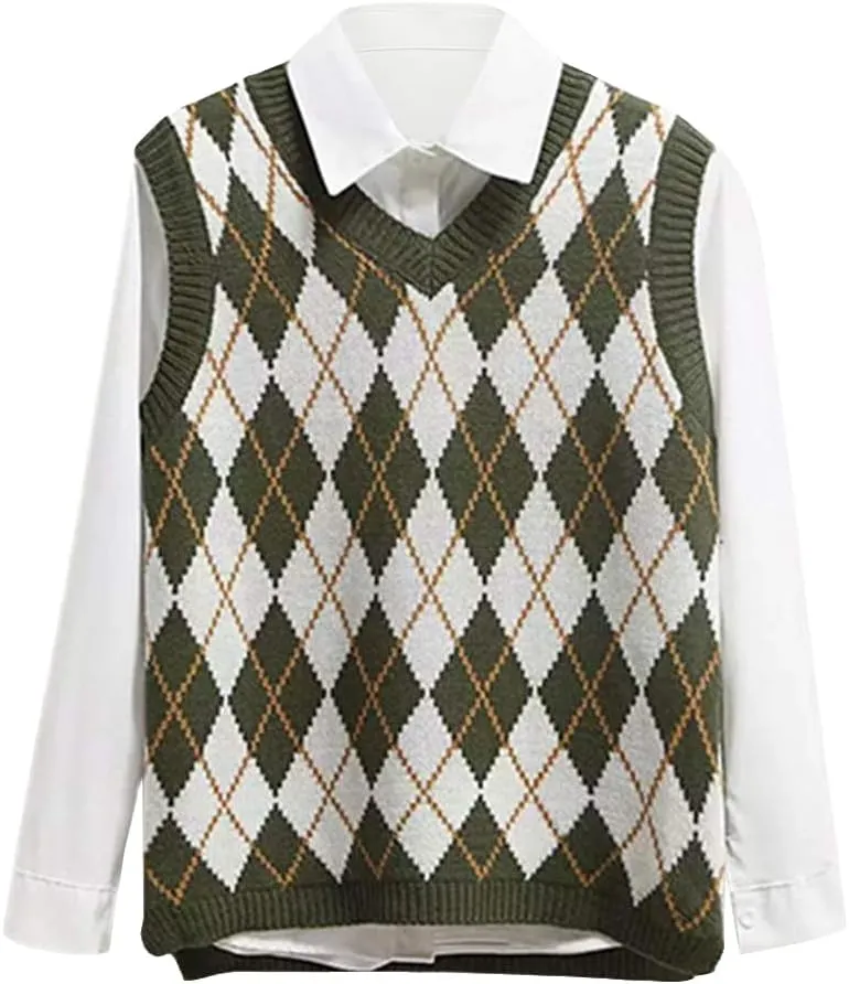Lailezou Women's V Neck Knit Sweater Vest Argyle Plaid Preppy Style Sleeveless Crop Knitwear Tank
