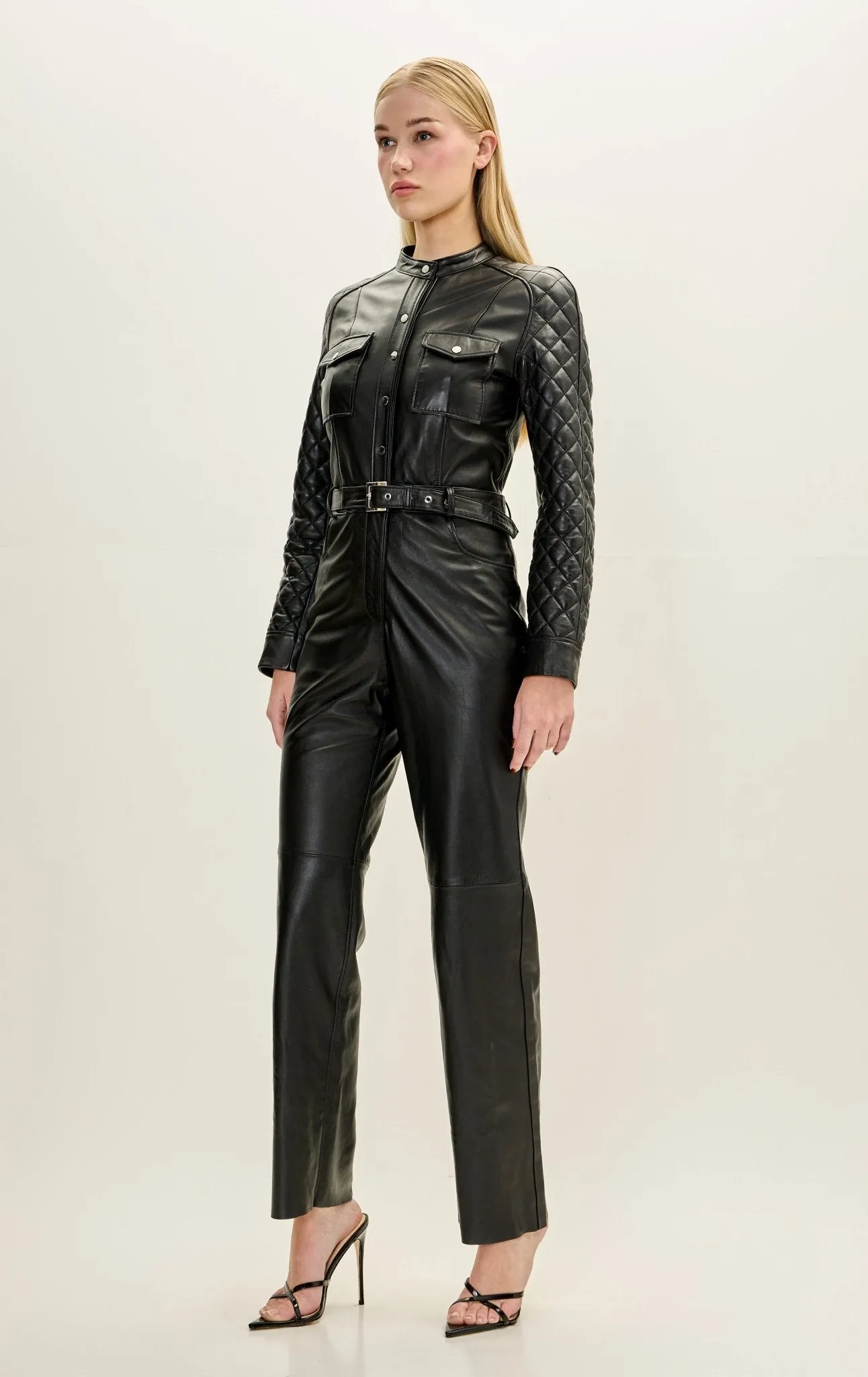 Lambskin Leather Quilted Detail Jumpsuit - Black