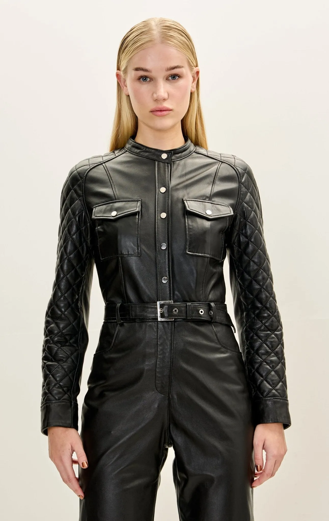 Lambskin Leather Quilted Detail Jumpsuit - Black