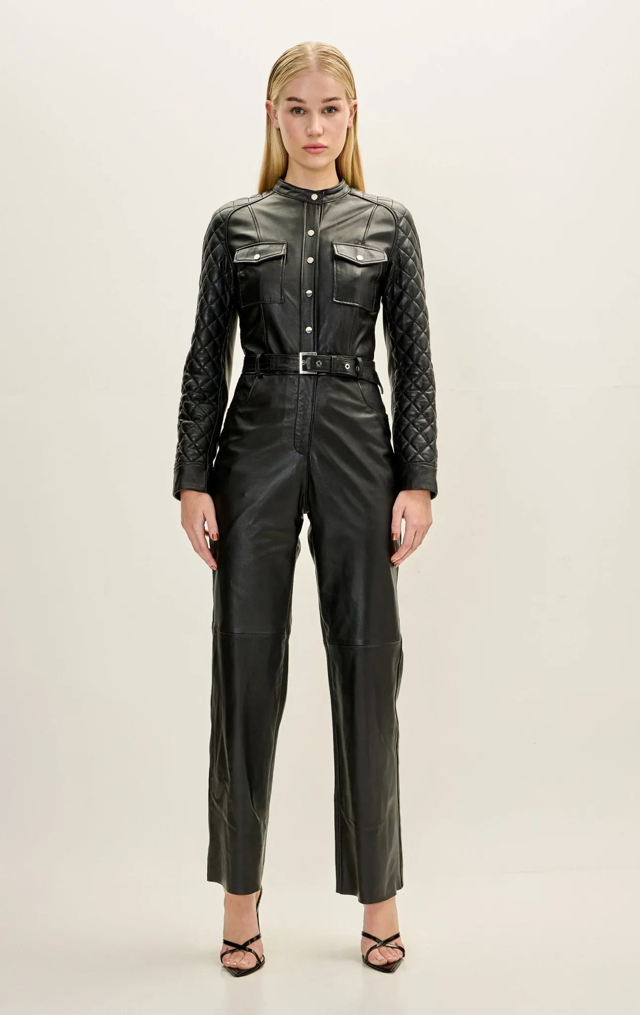 Lambskin Leather Quilted Detail Jumpsuit - Black