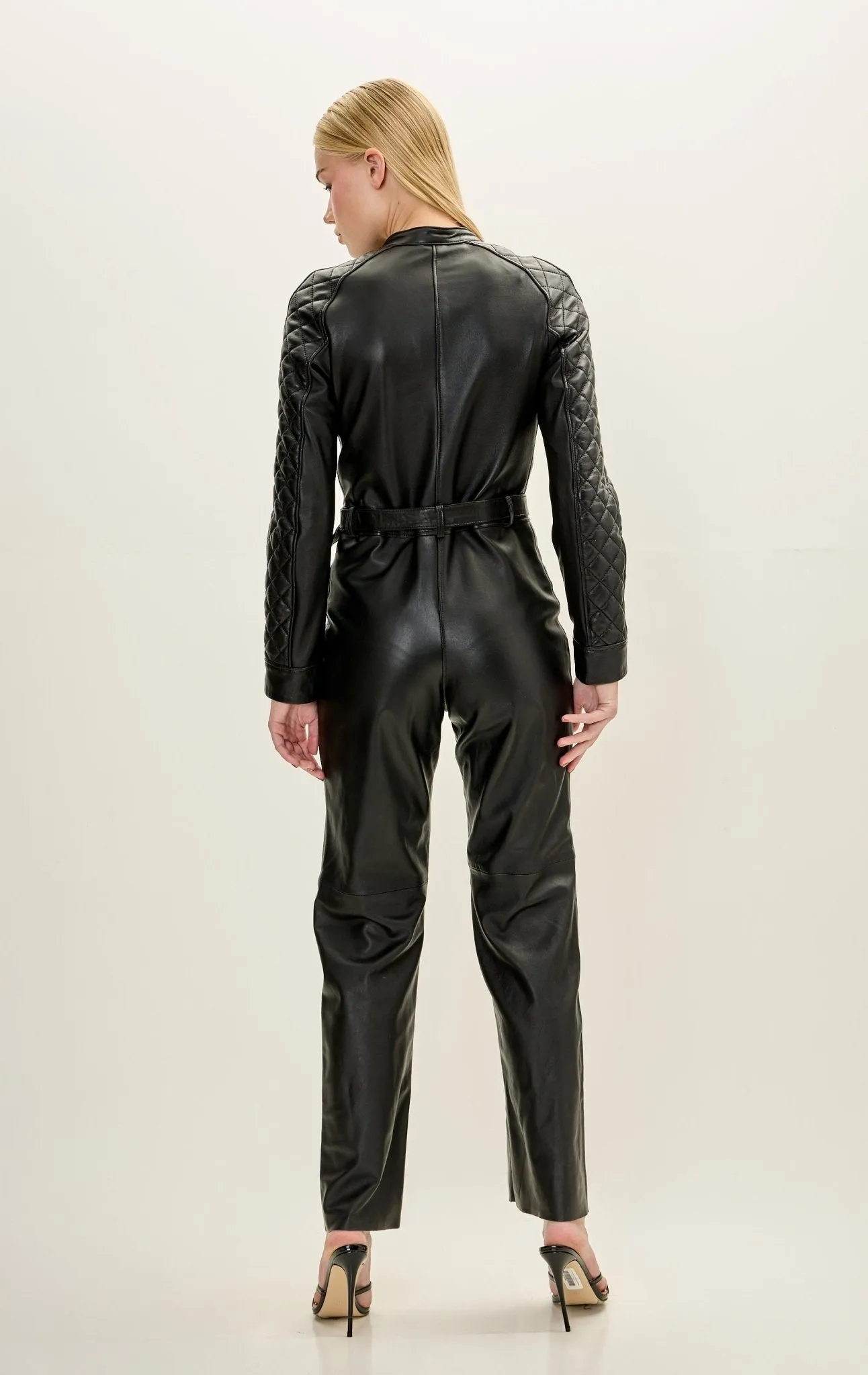 Lambskin Leather Quilted Detail Jumpsuit - Black