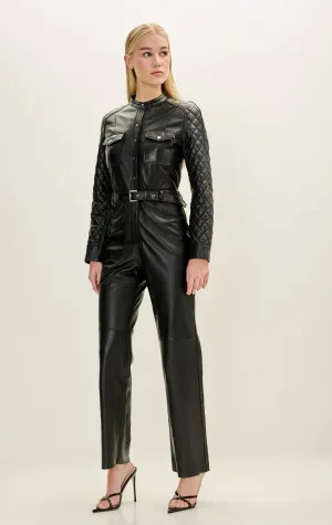Lambskin Leather Quilted Detail Jumpsuit - Black