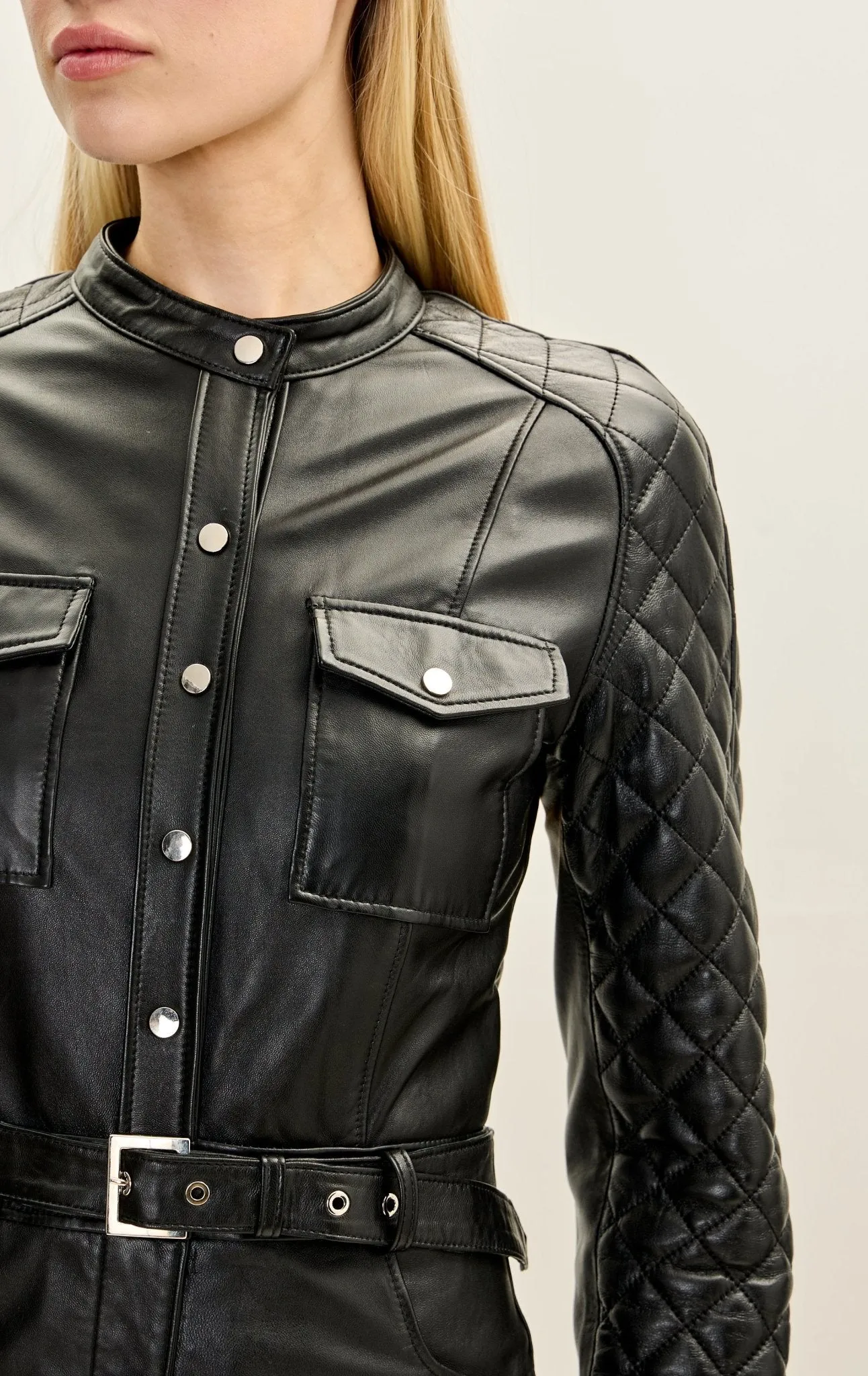 Lambskin Leather Quilted Detail Jumpsuit - Black