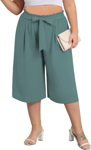 Lastshe Women's Plus Size Cropped Wide-Leg Pants Lightweight High Waisted Adjustable Tie Knot Casual Trousers Pants