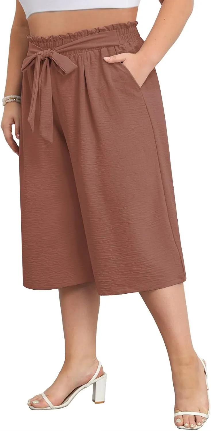 Lastshe Women's Plus Size Cropped Wide-Leg Pants Lightweight High Waisted Adjustable Tie Knot Casual Trousers Pants