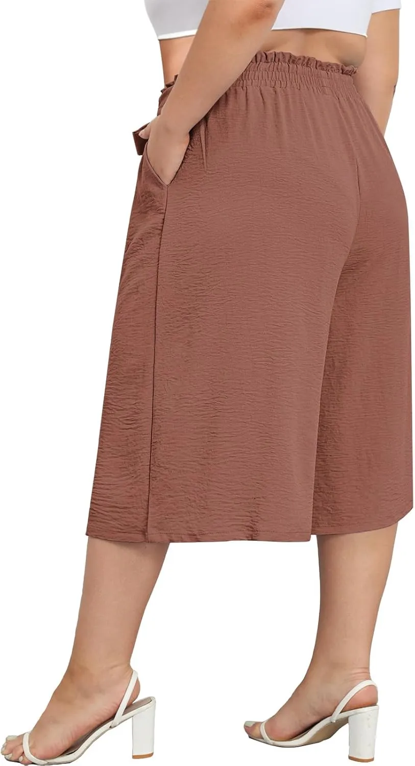 Lastshe Women's Plus Size Cropped Wide-Leg Pants Lightweight High Waisted Adjustable Tie Knot Casual Trousers Pants
