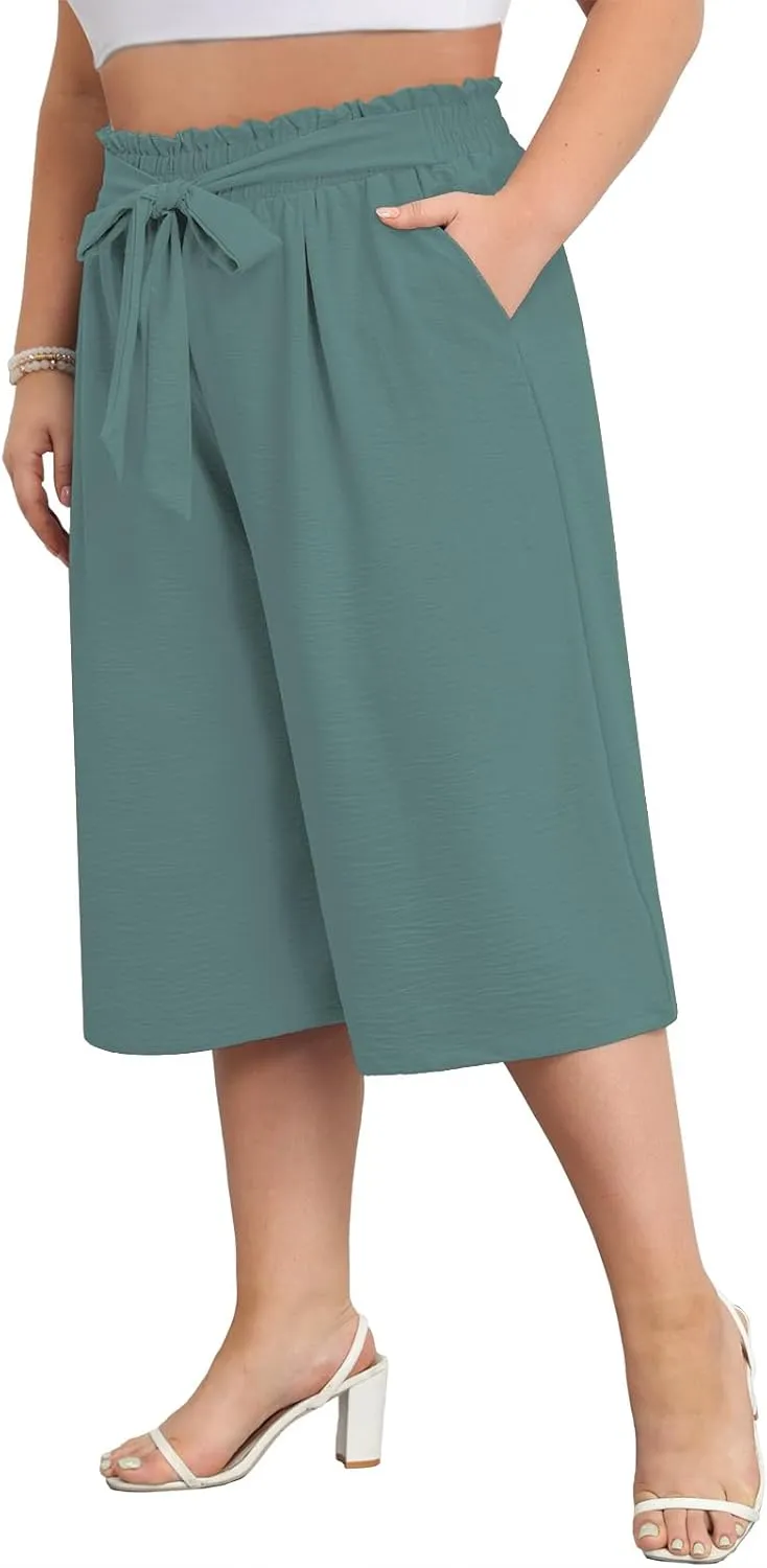Lastshe Women's Plus Size Cropped Wide-Leg Pants Lightweight High Waisted Adjustable Tie Knot Casual Trousers Pants
