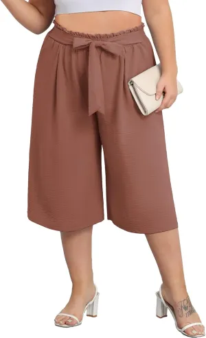 Lastshe Women's Plus Size Cropped Wide-Leg Pants Lightweight High Waisted Adjustable Tie Knot Casual Trousers Pants
