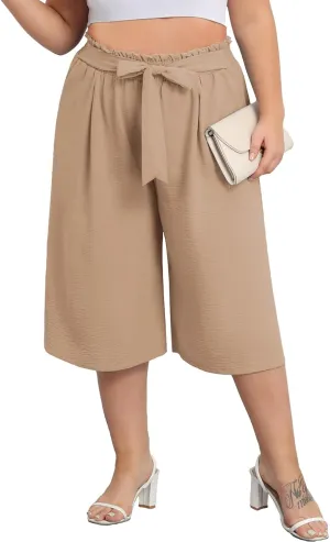 Lastshe Women's Plus Size Cropped Wide-Leg Pants Lightweight High Waisted Adjustable Tie Knot Casual Trousers Pants