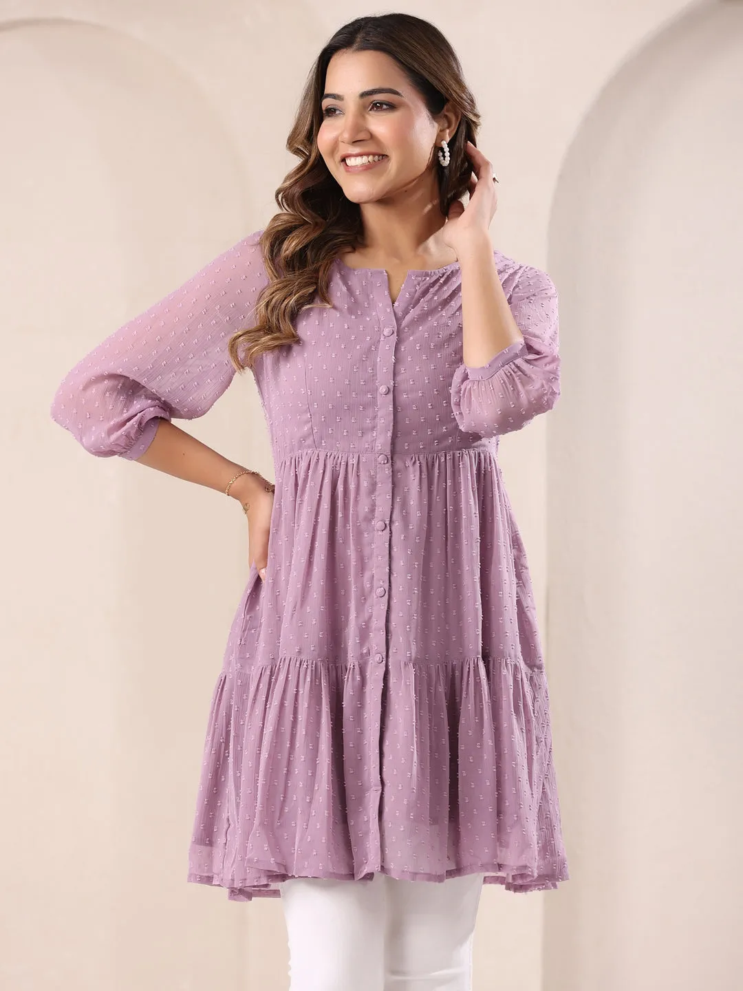 Lavender Dobby Chiffon Self Design Tiered Tunic Only