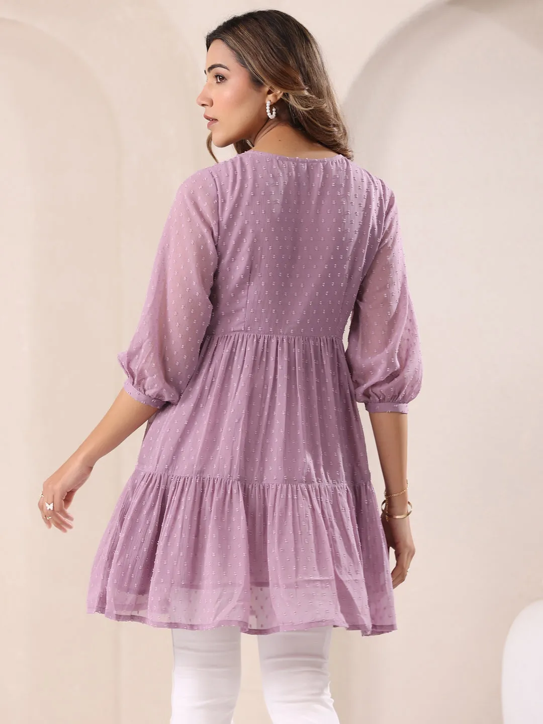 Lavender Dobby Chiffon Self Design Tiered Tunic Only
