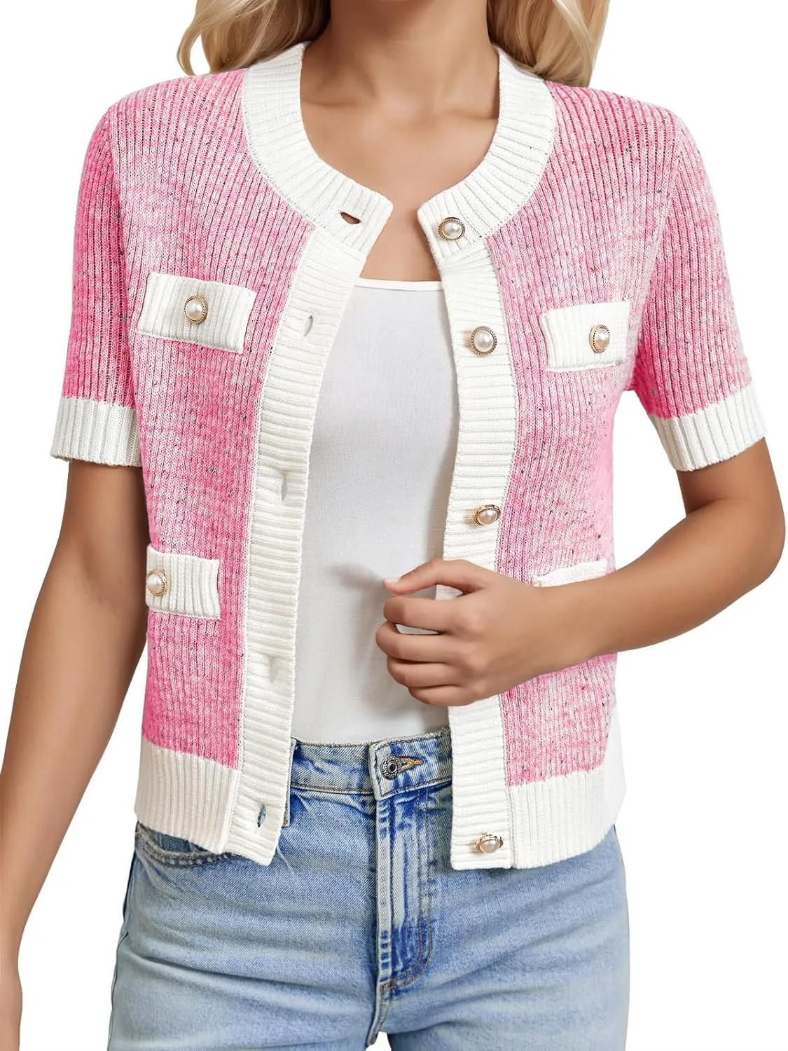 LCXWFE Womens Cropped Short Sleeve Cardigan Sweaters Crew Neck Button Down Tweed Cardigans Knitwear Tops with Pockets
