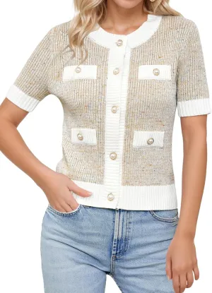 LCXWFE Womens Cropped Short Sleeve Cardigan Sweaters Crew Neck Button Down Tweed Cardigans Knitwear Tops with Pockets