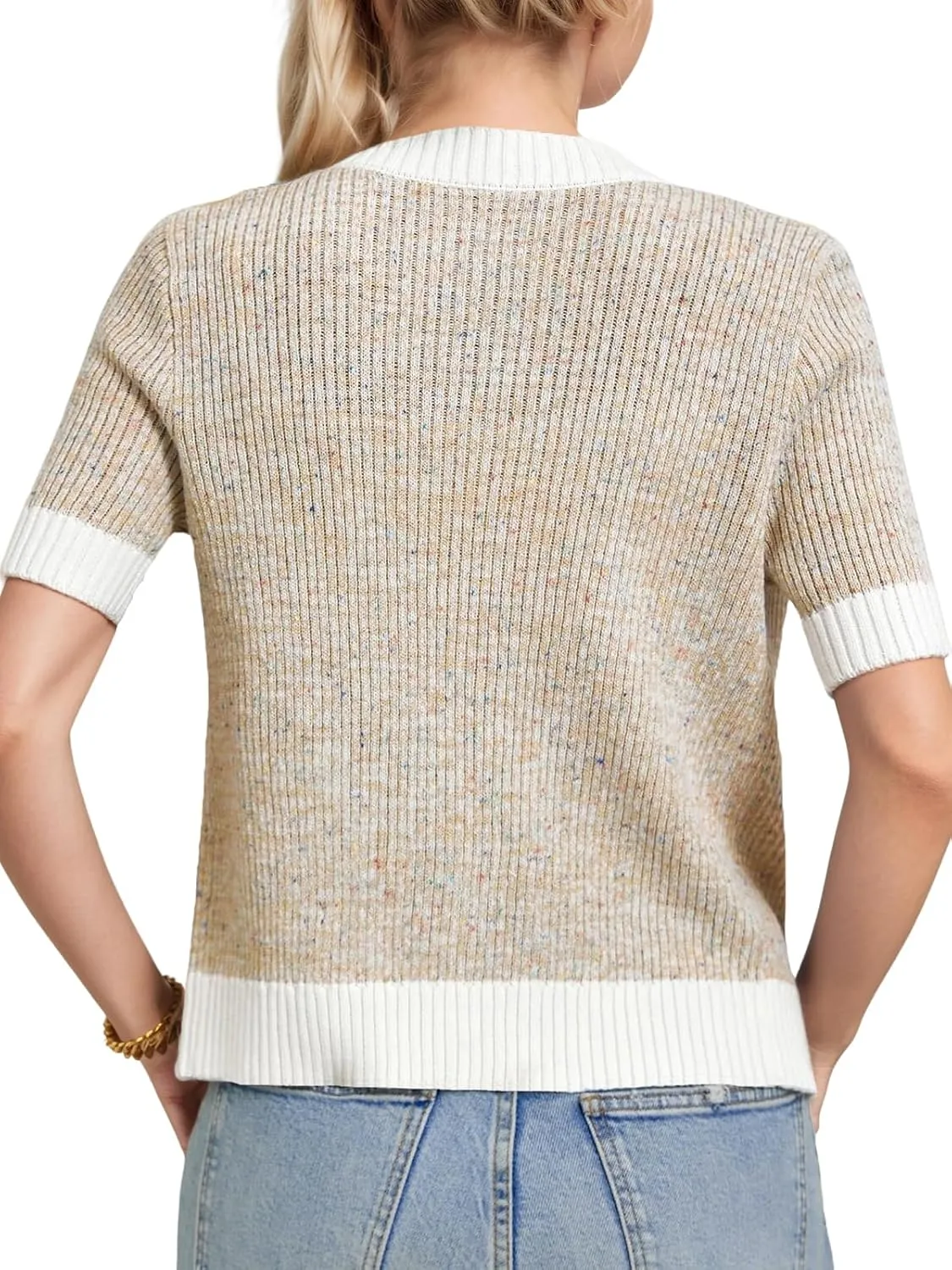 LCXWFE Womens Cropped Short Sleeve Cardigan Sweaters Crew Neck Button Down Tweed Cardigans Knitwear Tops with Pockets