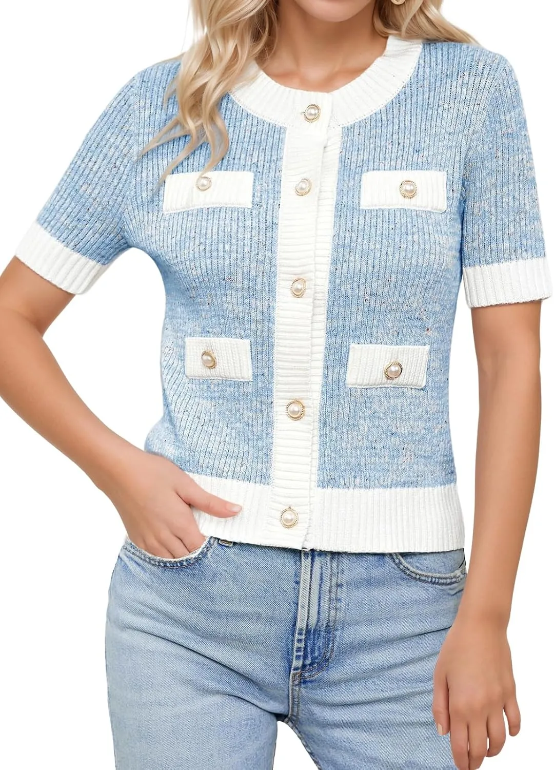 LCXWFE Womens Cropped Short Sleeve Cardigan Sweaters Crew Neck Button Down Tweed Cardigans Knitwear Tops with Pockets